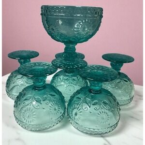 Lot Of 6 Vtg Glass Turquoise Ice Blue Aqua Dessert Pedestal Cup Sunflower‎ Bowls